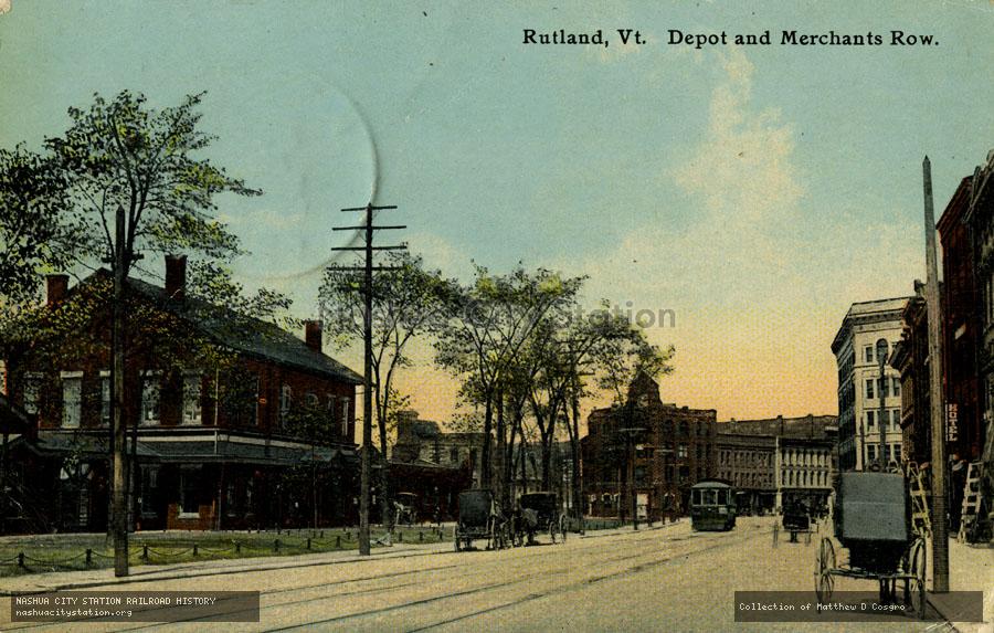 Postcard: Rutland, Vermont.  Depot and Merchants Row